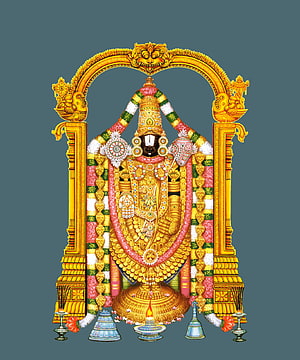 Lord Venkateswara Swamy adorned in gold ornaments and floral garlands within a traditional temple arch HD phone wallpaper