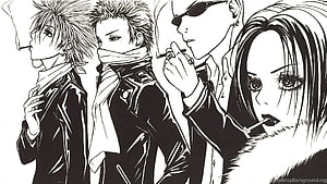 Nana Anime Black and White Manga Illustration of Four Characters Smoking Cigarettes HD wallpaper