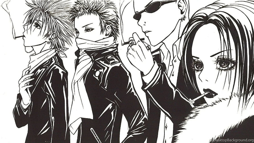 Nana Anime Black and White Manga Illustration of Four Characters Smoking Cigarettes HD wallpaper