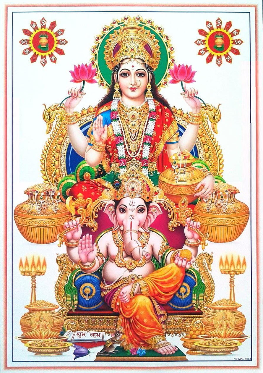 Ganesha and Lakshmi Devotional Artwork with Golden Vessels and Lotus Flowers HD phone wallpaper