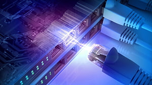 Fiber Optic Network Connection with Circuit Board and Data Flow Visualization HD wallpaper
