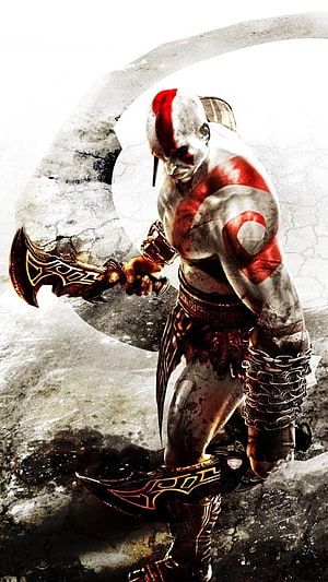 Kratos from God of War 3 holding the Blades of Chaos in a gritty monochrome and red artwork HD phone wallpaper