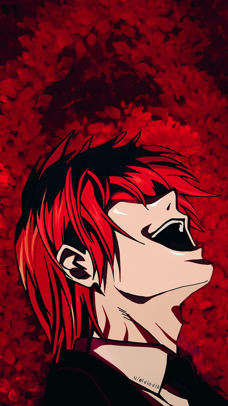 Light Yagami from Death Note with red hair and open mouth against a dark red petal background HD phone wallpaper