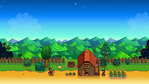 Stardew Valley Farm Scene with Barn, Crops, and Character Riding Horse at Dusk HD wallpaper