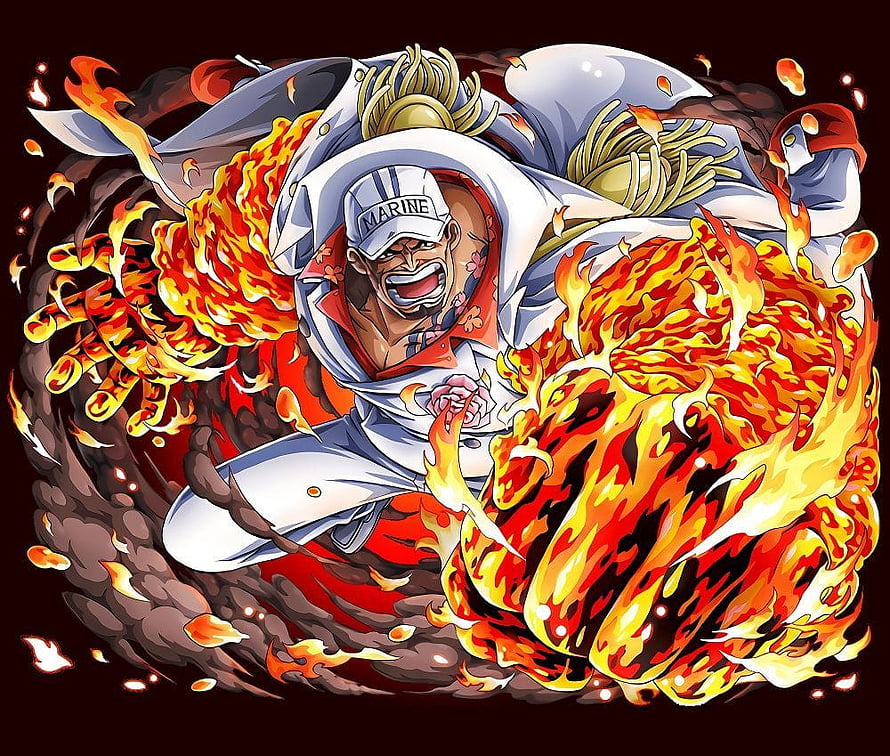 Fleet Admiral Akainu unleashing magma flames in One Piece anime illustration HD wallpaper