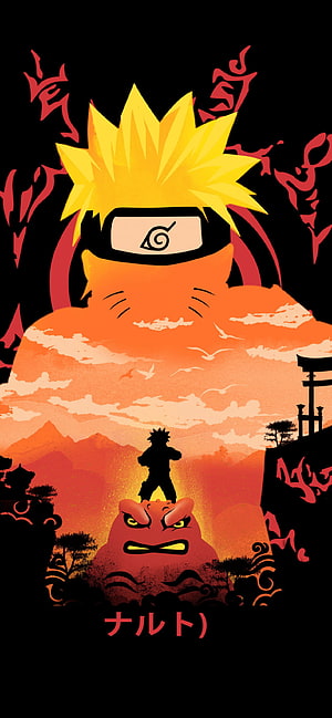 Naruto Uzumaki and Gamabunta Silhouette Artwork with Fiery Sunset Landscape and Japanese Calligraphy HD phone wallpaper