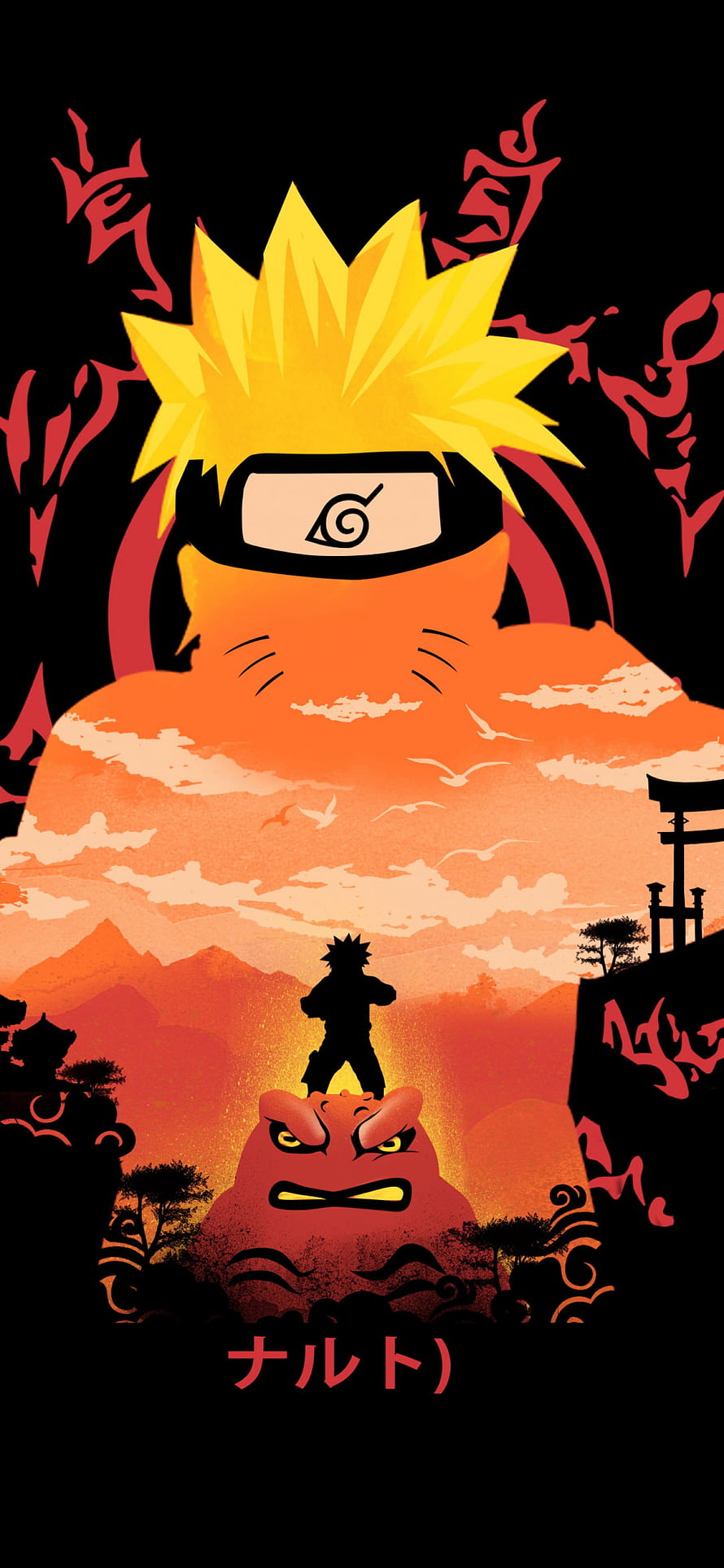 Naruto Uzumaki and Gamabunta Silhouette Artwork with Fiery Sunset Landscape and Japanese Calligraphy HD phone wallpaper