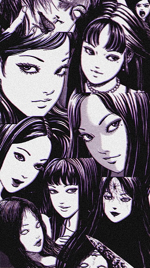 Tomie by Junji Ito: Dark Manga Collage of Haunting Female Faces in Purple and Black HD phone wallpaper