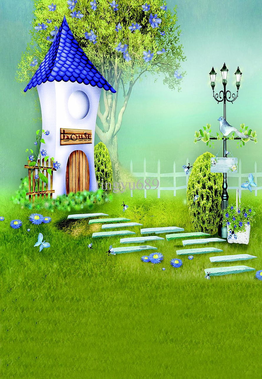 Whimsical Garden Scene with Blue Tower, Stepping Stones, and Vintage Lamp Post HD phone wallpaper