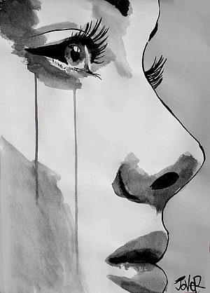 Monochrome Ink Portrait of a Crying Woman with Long Tears HD phone wallpaper