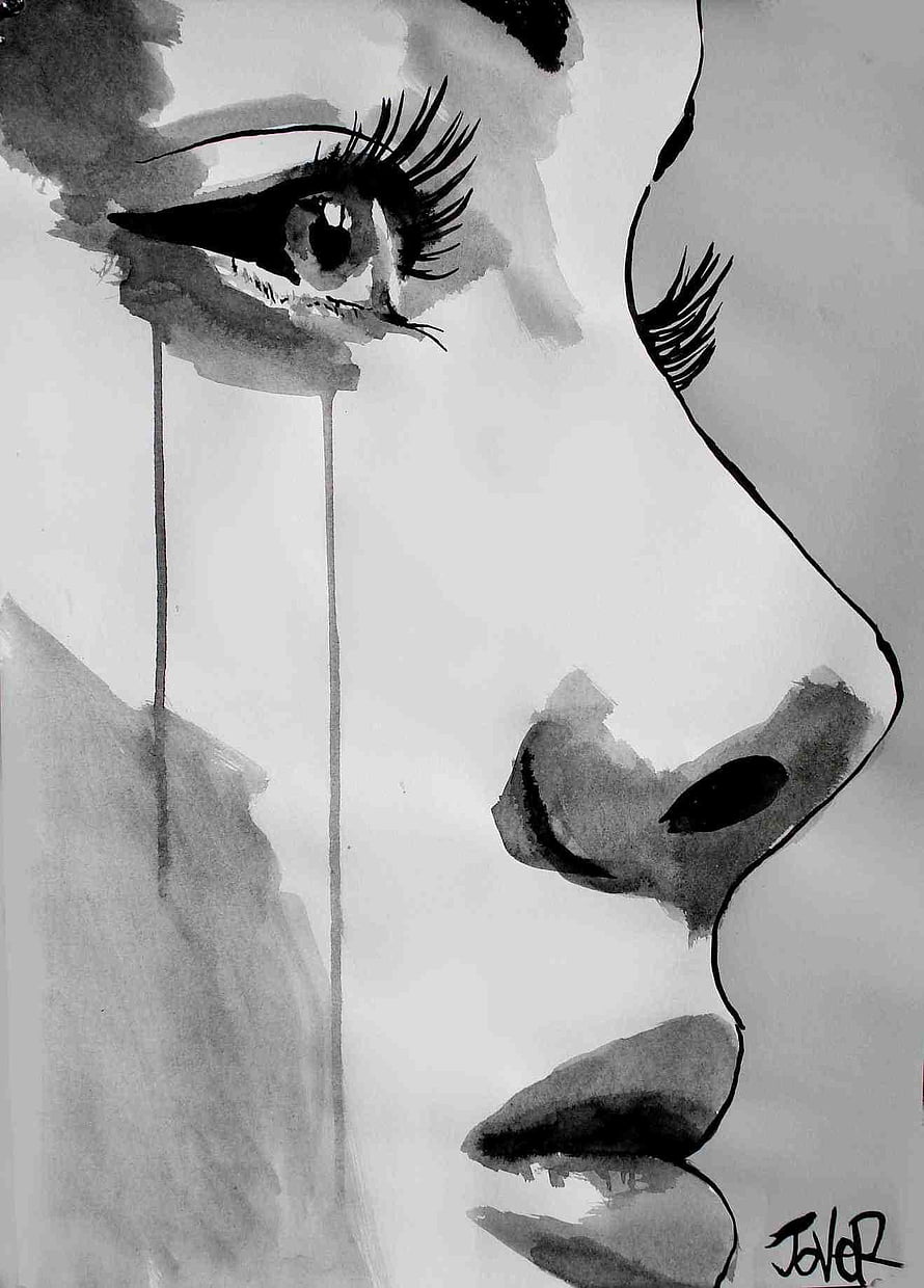 Monochrome Ink Portrait of a Crying Woman with Long Tears HD phone wallpaper