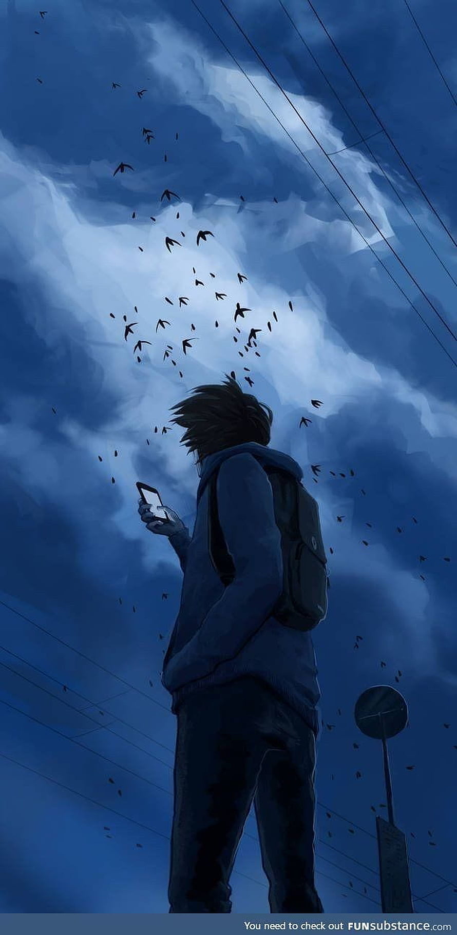 Melancholic Anime Boy Holding Phone Under Stormy Sky With Flocking Birds HD phone wallpaper