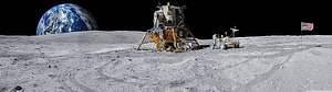 Apollo Lunar Module and Rover on the Moon with Earth Rising in the Black Sky HD wallpaper
