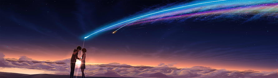 Your Name Anime Couple Silhouette Under Aurora Sky and Shooting Star HD wallpaper