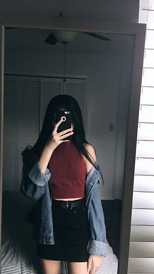 Korean Ulzzang Style Mirror Selfie with Denim Jacket and Black Skirt HD phone wallpaper