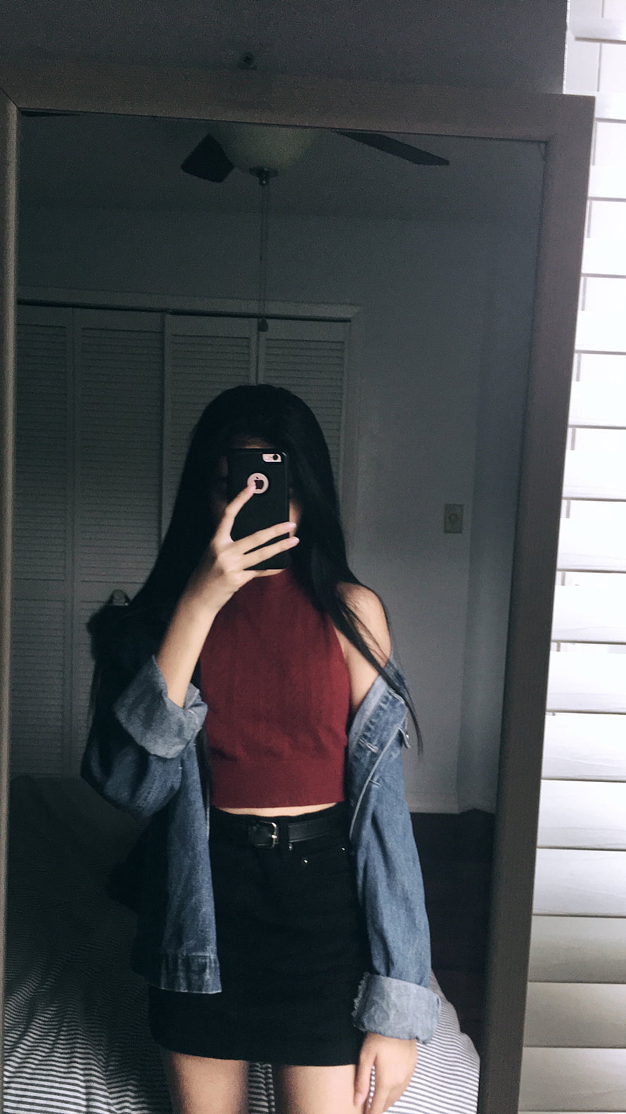Korean Ulzzang Style Mirror Selfie with Denim Jacket and Black Skirt HD phone wallpaper