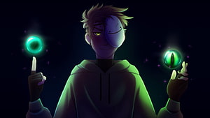 Dream Character Digital Art with Glowing Green Orbs and Mask HD wallpaper
