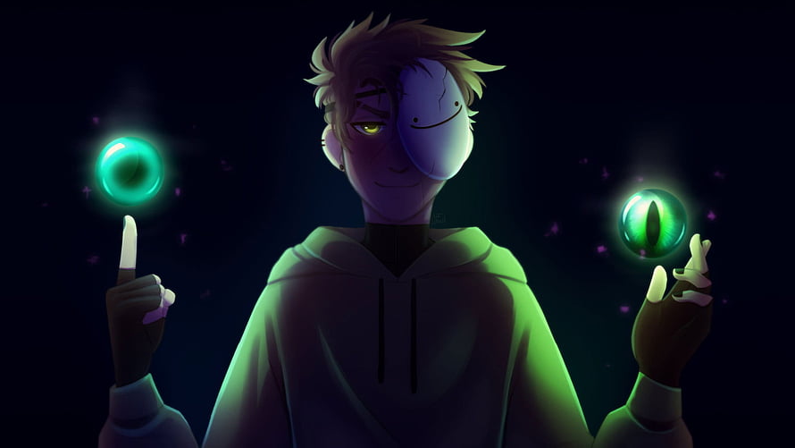 Dream Character Digital Art with Glowing Green Orbs and Mask HD wallpaper
