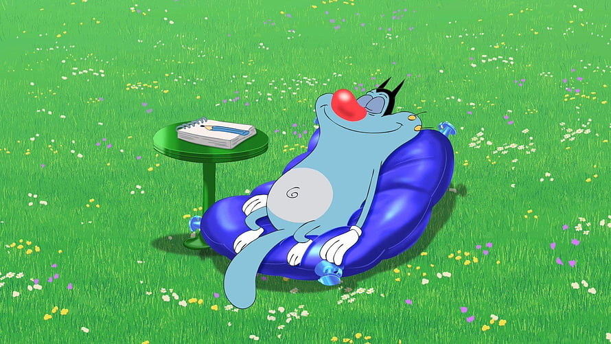 Oggy Relaxing On An Inflatable Lounger In A Flowering Meadow HD wallpaper