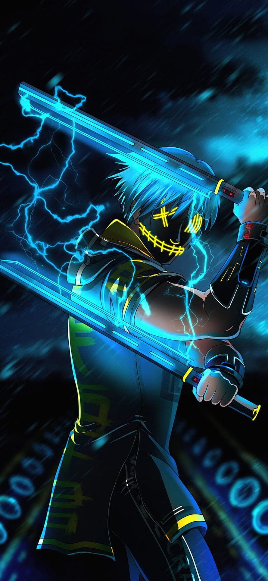 Anime warrior with glowing blue swords and electric lightning in dark cyberpunk setting HD phone wallpaper