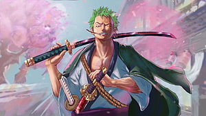 Roronoa Zoro Wielding Three Swords in a Traditional Japanese Setting HD wallpaper