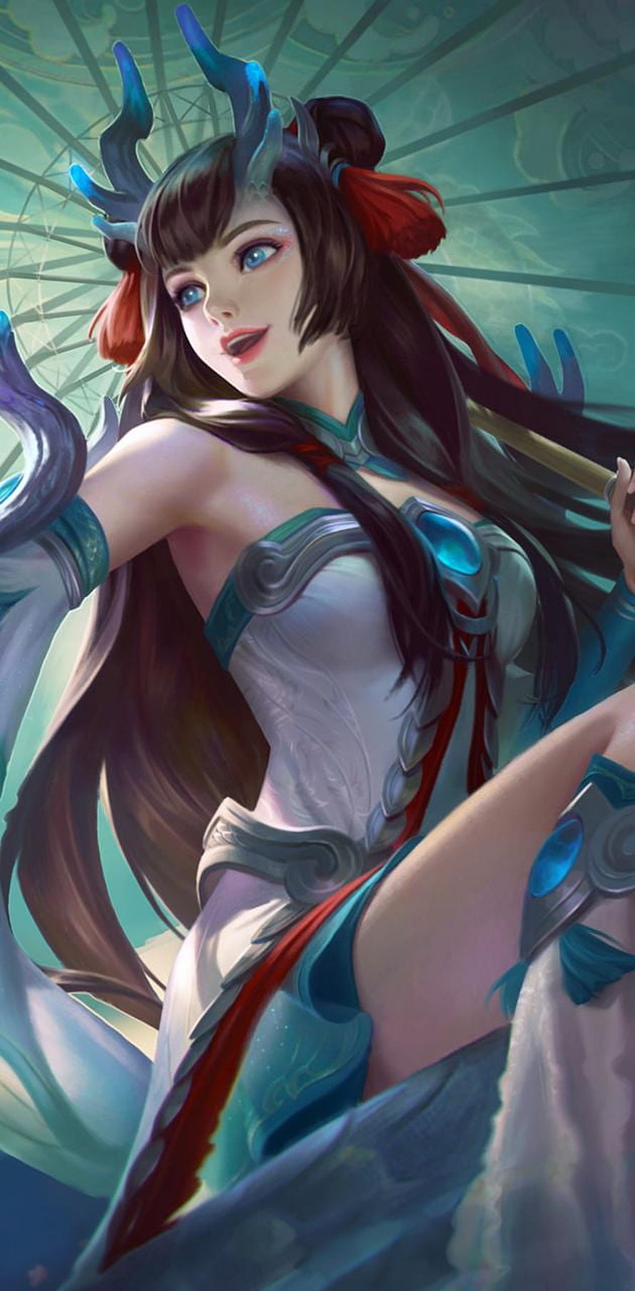 Kagura from Mobile Legends: Bang Bang in an elegant white and teal outfit with glowing blue antlers HD phone wallpaper