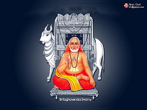 Guru Raghavendra Swamy seated in meditation with white bull and ornate throne HD wallpaper