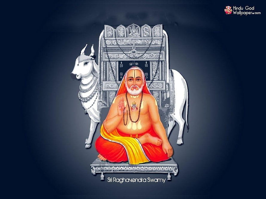 Guru Raghavendra Swamy seated in meditation with white bull and ornate throne HD wallpaper