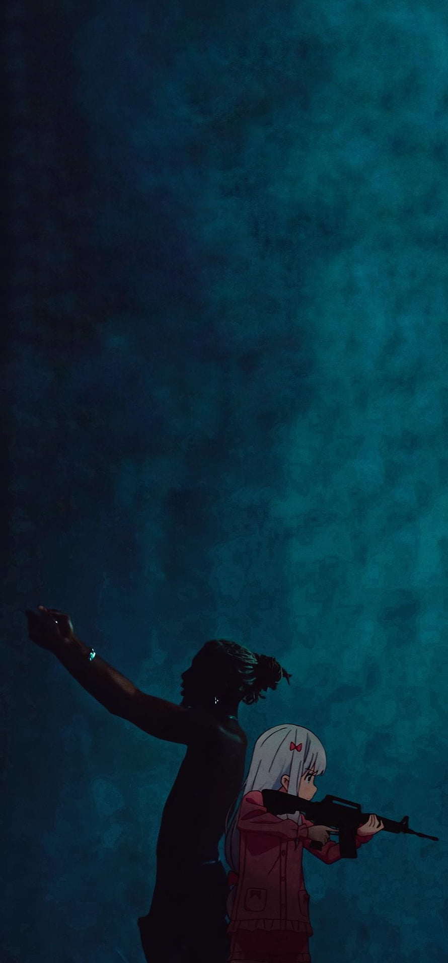 Anime Girl with Rifle and Silhouette Against Dark Blue Textured Background HD phone wallpaper