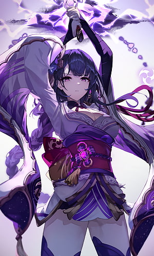 Raiden Shogun from Genshin Impact in a dynamic pose wielding a glowing purple energy blade HD phone wallpaper