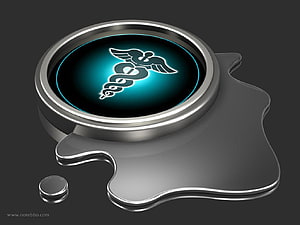 3D Metallic Medical Caduceus Logo with Cyan Glow on Dark Background HD wallpaper