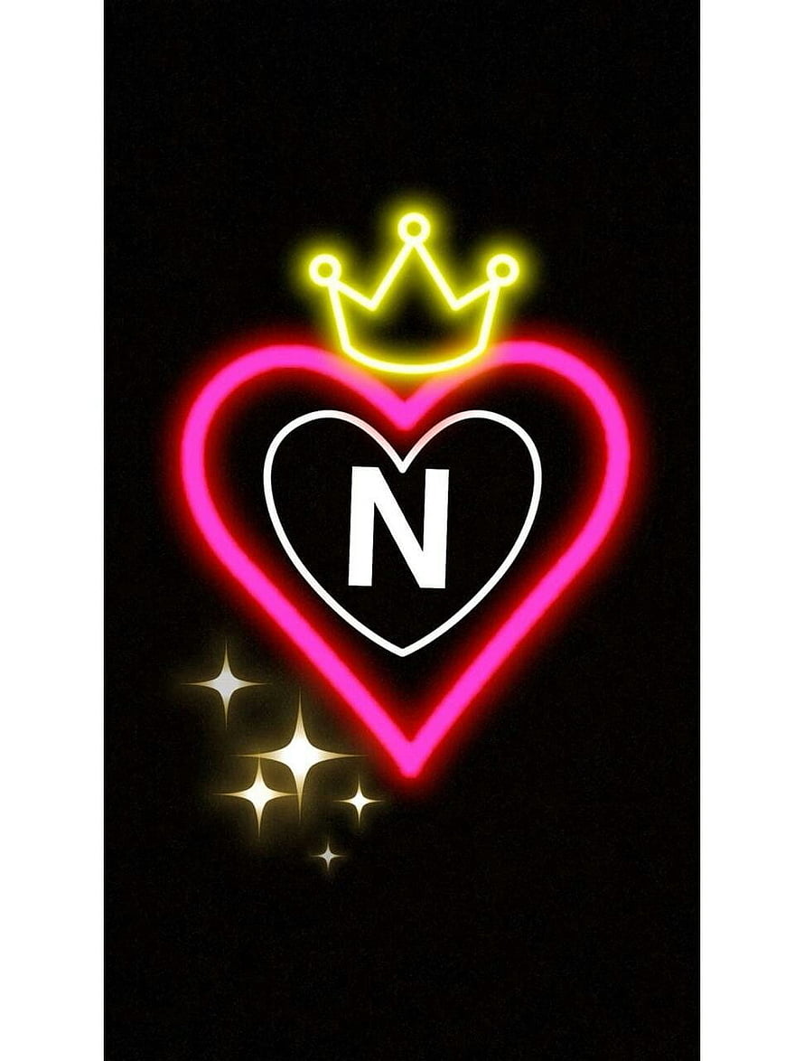 Neon Pink Heart with Crown and Letter N on Black Background HD phone wallpaper