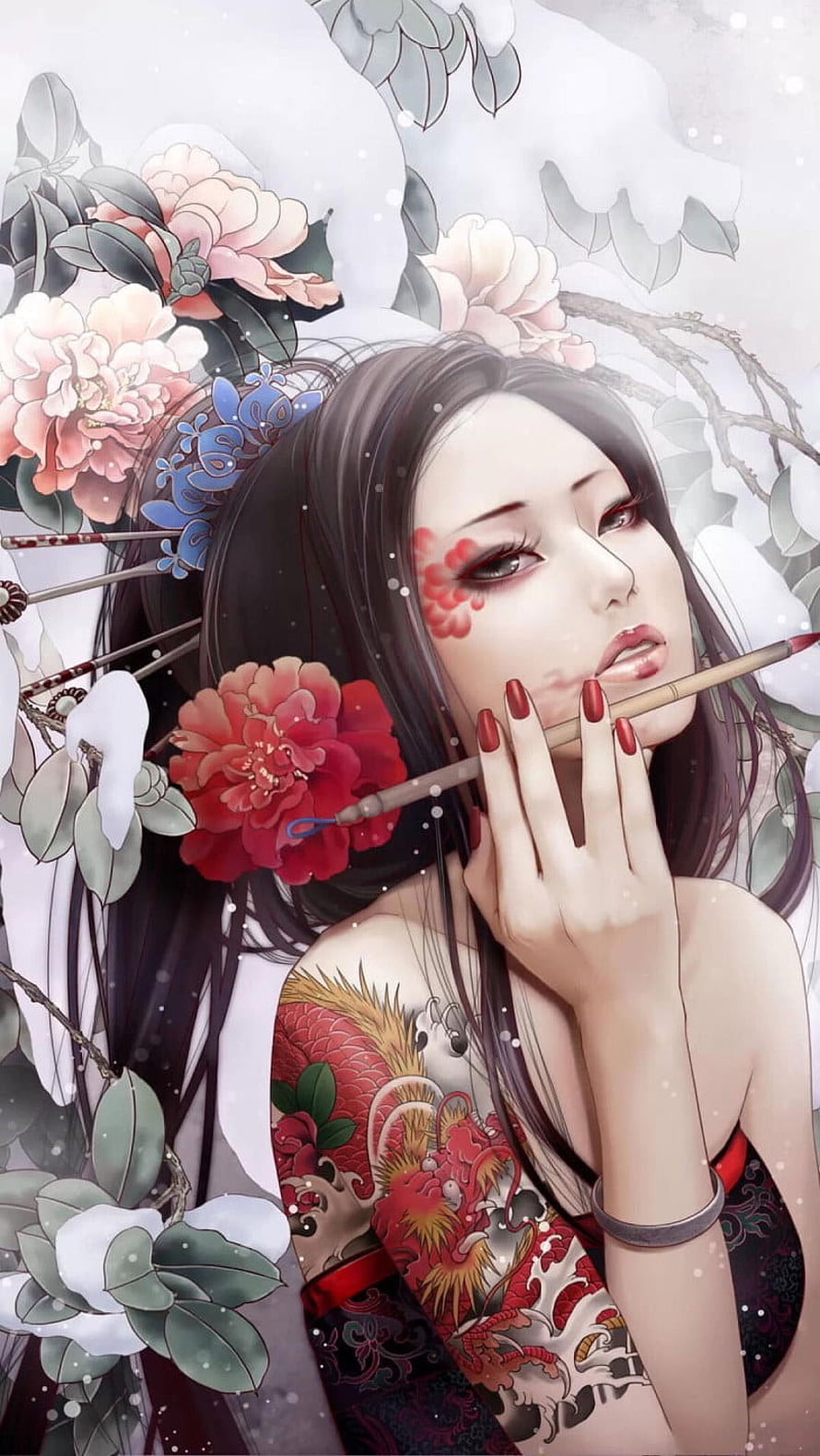 Zhang Xiaobai Yakuza Girl with Dragon Tattoo and Peonies in Snowy Winter Scene HD phone wallpaper