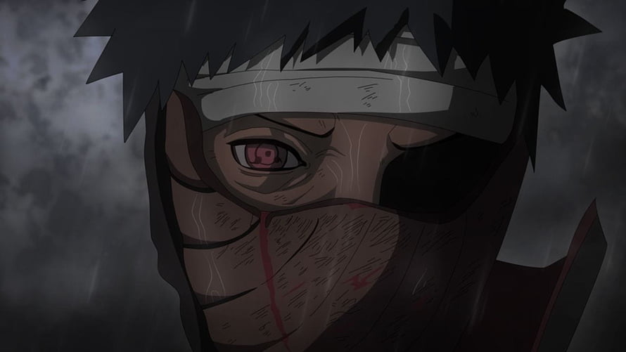 Obito Uchiha Sharingan Close-Up in Dark Rainy Atmosphere HD wallpaper
