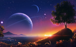 Anime Night Sky with Ringed Planets, Starry Cosmos, and Distant City Lights HD wallpaper