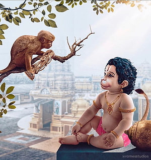 Childhood Hanuman and Monkey in Temple Setting with Traditional Jewelry HD phone wallpaper
