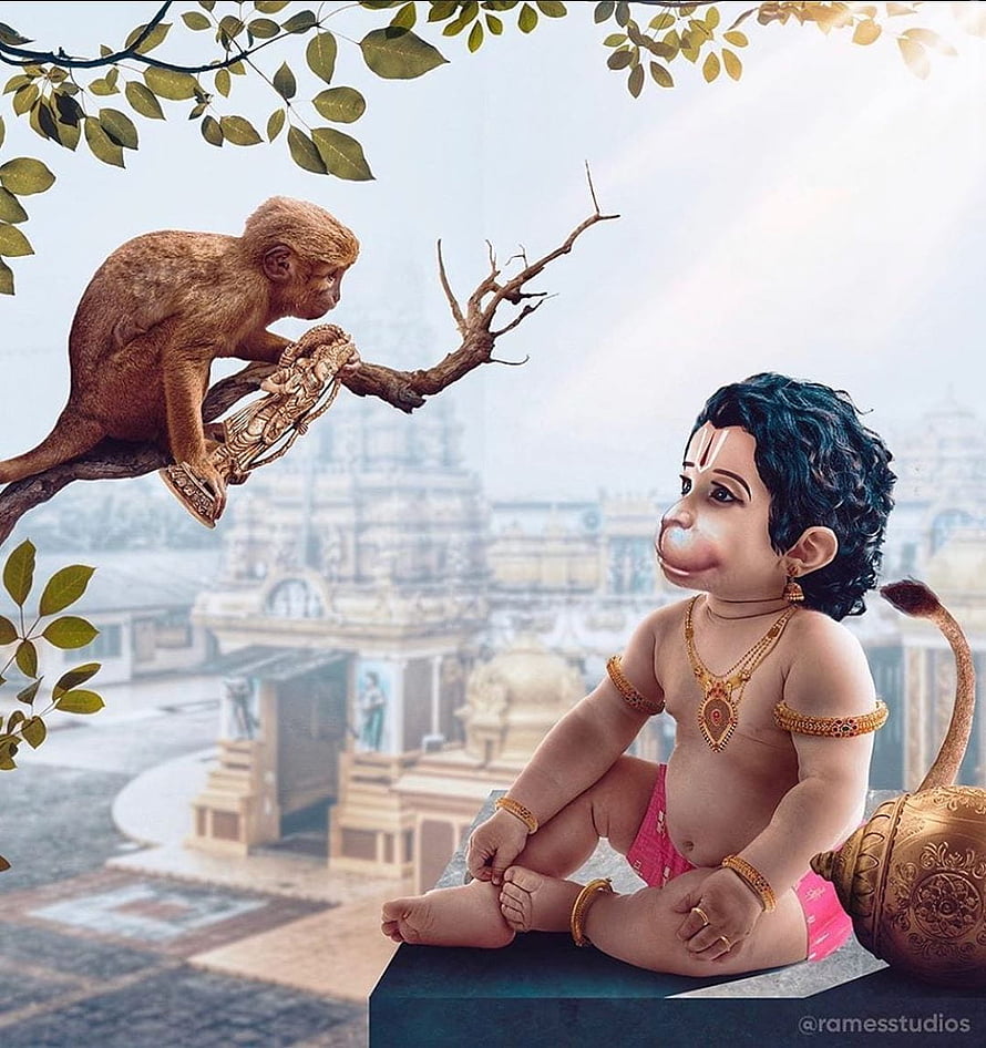 Childhood Hanuman and Monkey in Temple Setting with Traditional Jewelry HD phone wallpaper