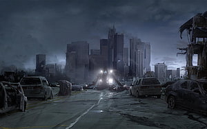 Post-Apocalyptic Cityscape with Abandoned Vehicles and Dark Skyscrapers HD wallpaper