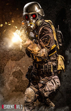 Hunk in Tactical Gear Firing a Pistol in Resident Evil 2 Cinematic Action Scene HD phone wallpaper