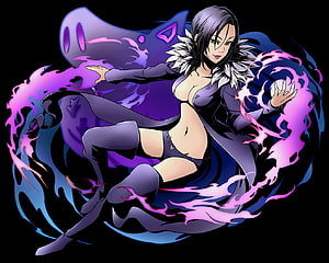 Merlin from Seven Deadly Sins in a dynamic pose surrounded by purple magical energy and a spectral wolf HD wallpaper