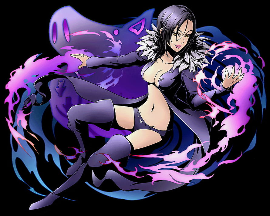 Merlin from Seven Deadly Sins in a dynamic pose surrounded by purple magical energy and a spectral wolf HD wallpaper