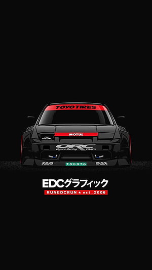 Black JDM Drift Car Front View with Red Accents and Racing Sponsor Decals on Dark Background HD phone wallpaper