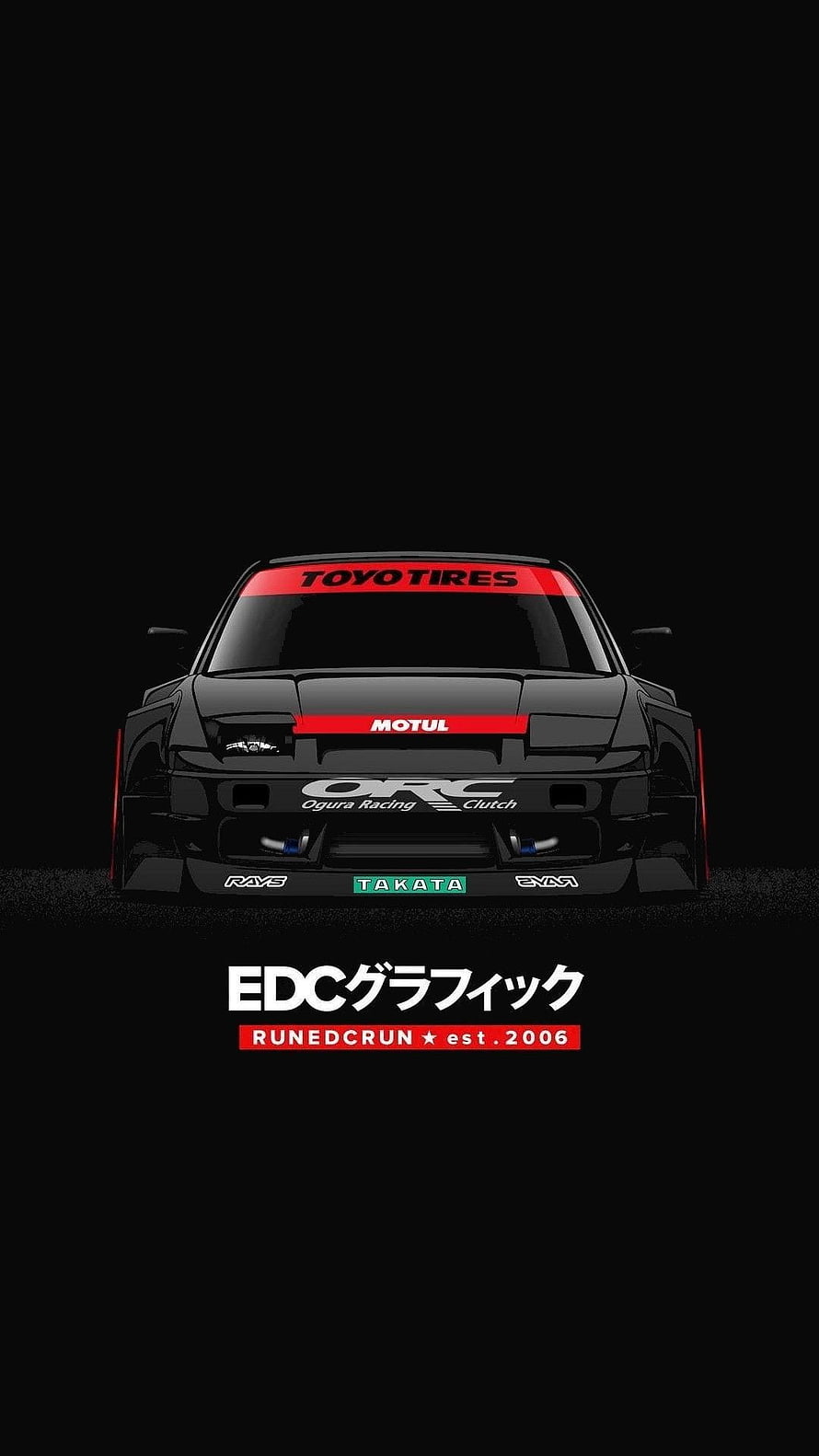 Black JDM Drift Car Front View with Red Accents and Racing Sponsor Decals on Dark Background HD phone wallpaper