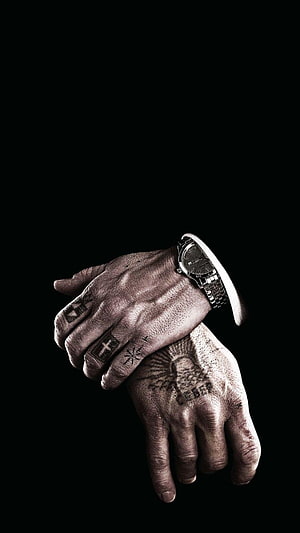 Tattooed Hands with Wristwatch Against Black Background HD phone wallpaper