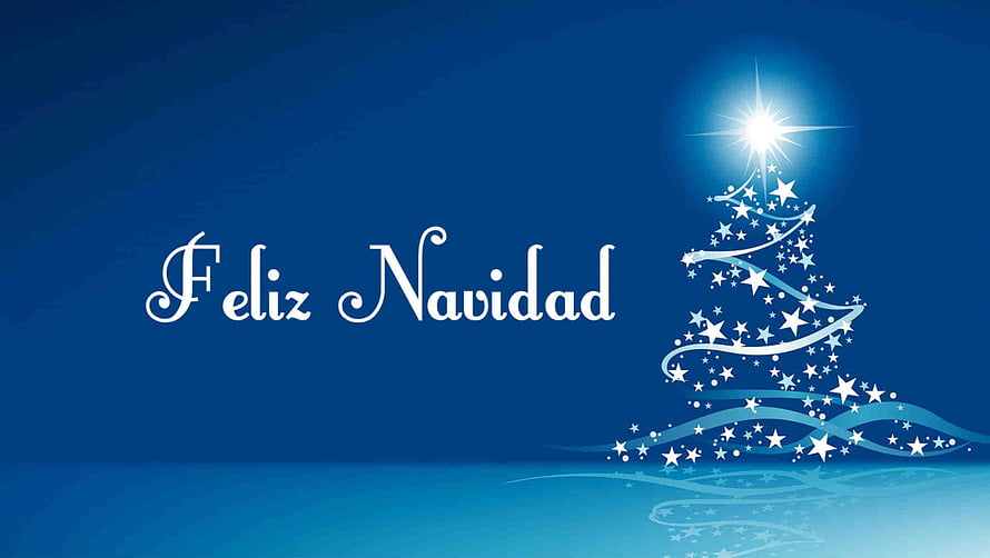Elegant Blue Christmas Tree with Star and Feliz Navidad Greeting on Gradient Background HD wallpaper