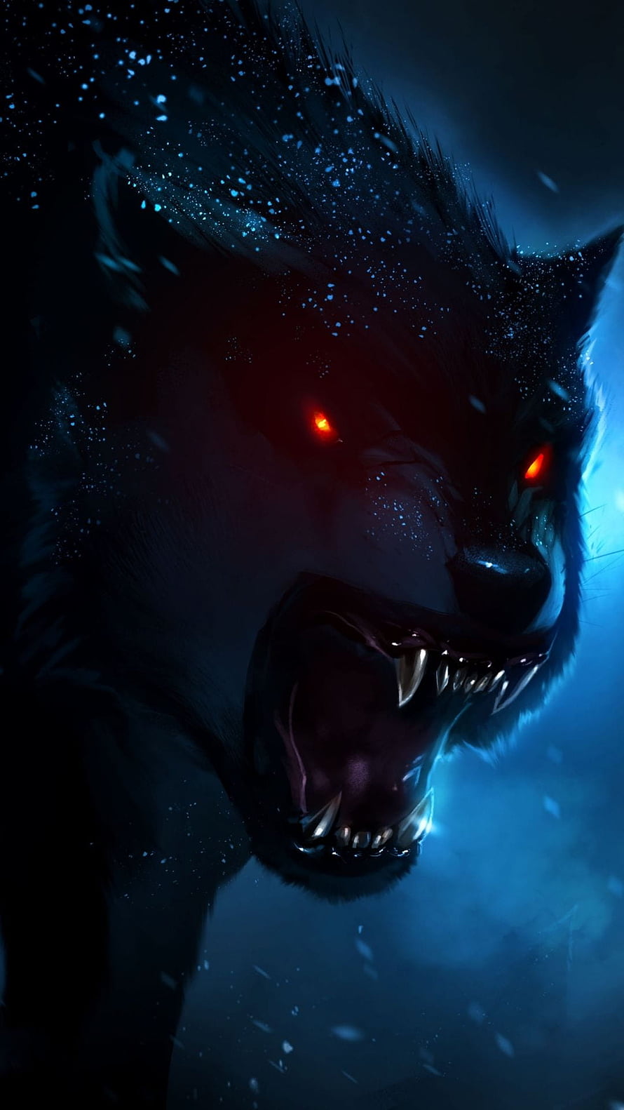 Fierce Alpha Wolf With Glowing Red Eyes In Dark Snowy Night HD phone wallpaper
