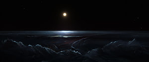 Distant Star Illuminating a Dark Alien Planet Horizon with Swirling Clouds HD wallpaper