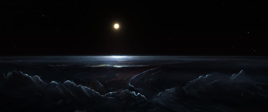 Distant Star Illuminating a Dark Alien Planet Horizon with Swirling Clouds HD wallpaper
