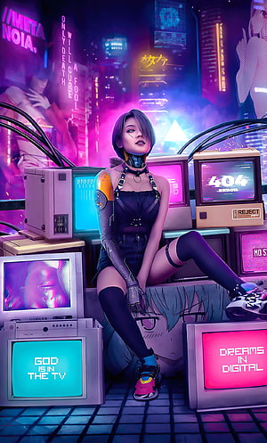 Cyberpunk Girl with Cybernetic Arm Sitting Among Retro CRT Monitors in Neon City HD phone wallpaper