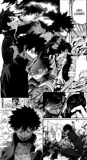 Dabi manga panel collage from My Hero Academia showing intense black and white scenes HD phone wallpaper
